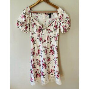Forever 21 Sz S Pearl Satin Rose Puff Sleeve Mini Dress Floral Back Zip Lace Hem